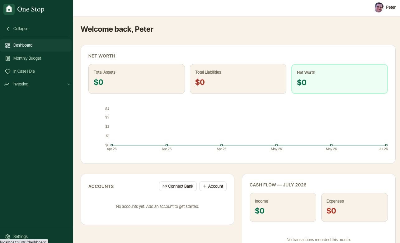 One Stop dashboard screen